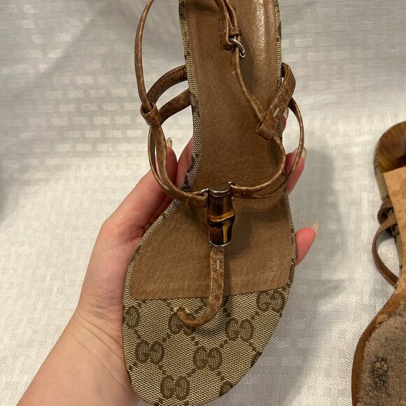 Authentic Gucci Brown Strappy Sandals with GG Monogram, Size 37 1/2 or 7.5 - Picture 4 of 8
